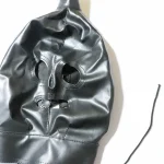 black faux leather full-face hood mask