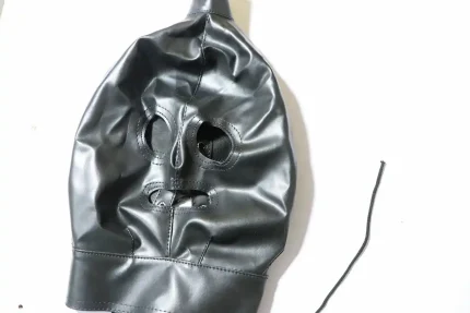 black faux leather full-face hood mask